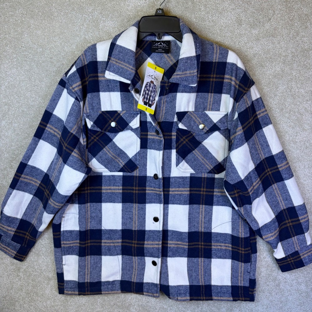 HFX Plaid Shacket Wmns Small Blue White Plaid Flannel Button Up Shirt Jacket NEW